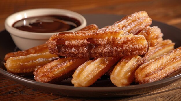 Churros met suiker en chocoladesaus Zoete traktatie en dessert concept