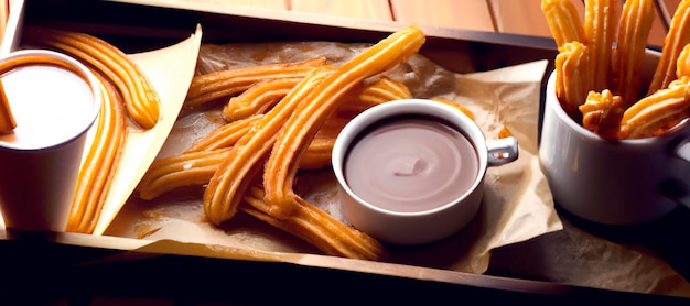 Churros met warme chocolademelk gegenereerd met AI