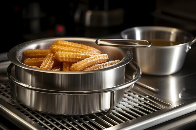 写真 churros on stainless steel strainer