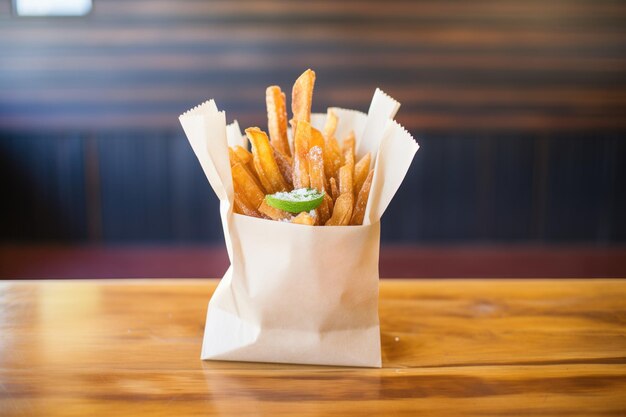 Photo churros in a paper bag with a window togo style