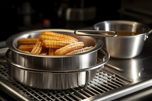 Photo churros on stainless steel strainer