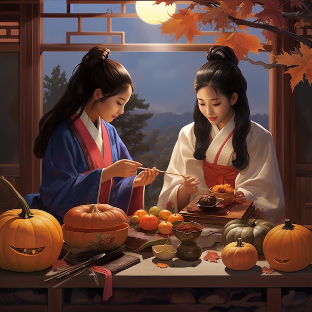 Photo chuseok day with beautiful girl lanterns