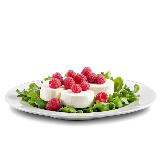 Chvre kaas zachte witte ronde geserveerd op gemengde groenten met raspberry vinaigrette culinaire en voedsel