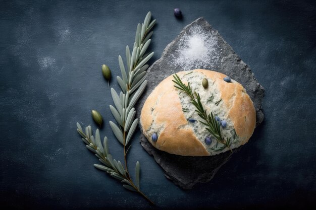 Ciabatta bread olives and fresh rosemary on a slate gray background