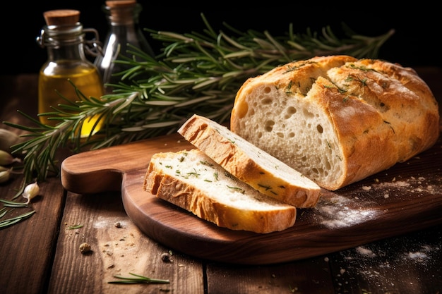 Ciabatta bread with rosemary on a wooden surface