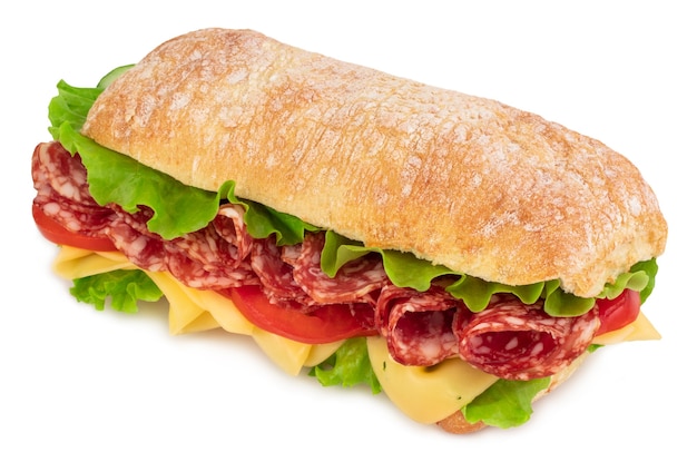 Ciabatta sandwich met sla, tomaten prosciutto en kaas geïsoleerd op wit.