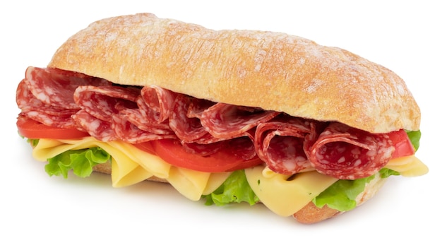 Ciabatta sandwich with lettuce, tomatoes prosciutto and cheese isolated on white background.