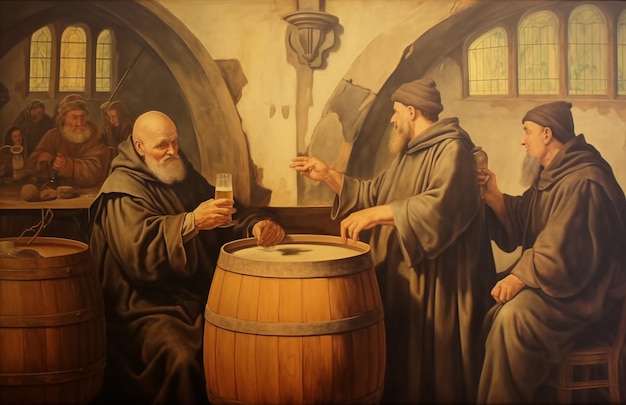 写真 古代のサイダー生産 背後にはリンゴが描かれたオークのの中にサイダーを手にグラスを持った太った僧侶