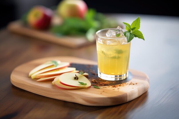 Cider with apple garnish on wooden coaster