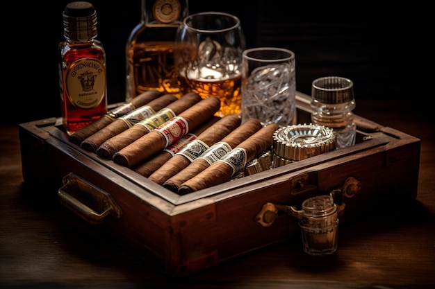 Cigar Box Filled with Cigars and Bottles