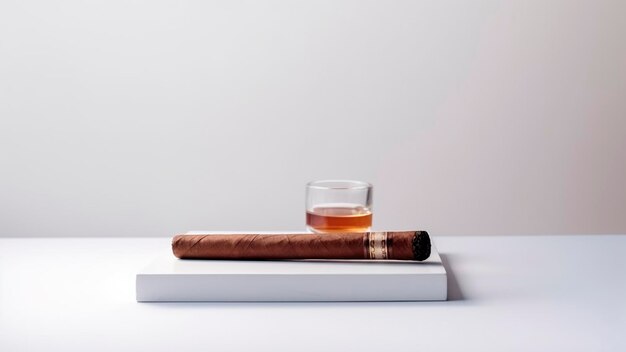 A cigar and a glass of whiskey sit on a white table.