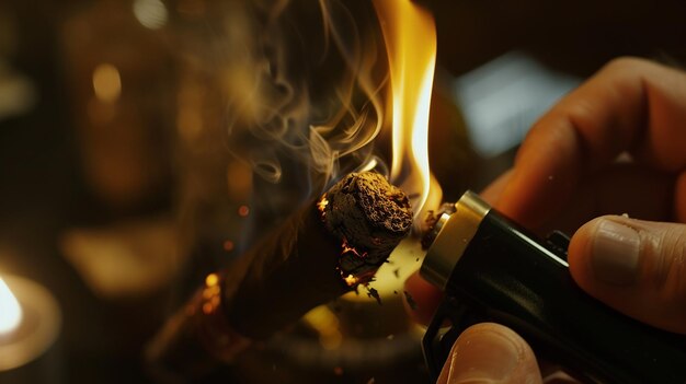 The cigar is ignited with a lighter and has burning