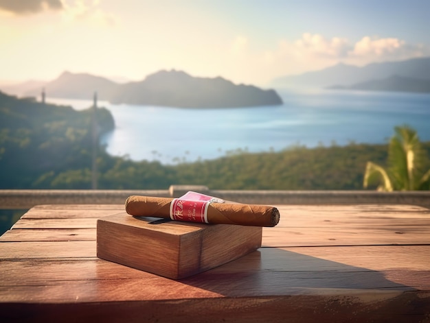 A cigar on a wooden box with a view of the sea in the background