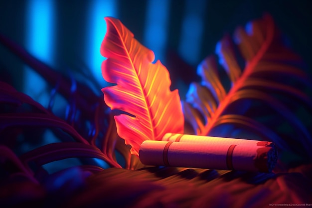 A cigarette with a neon effect Cigarette smoke Smoking in a night club
