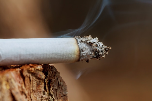 Cigarette with smoke on wooden background