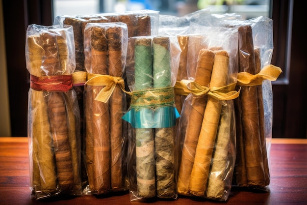 Cigars bundled and wrapped in cellophane for storage created with generative ai