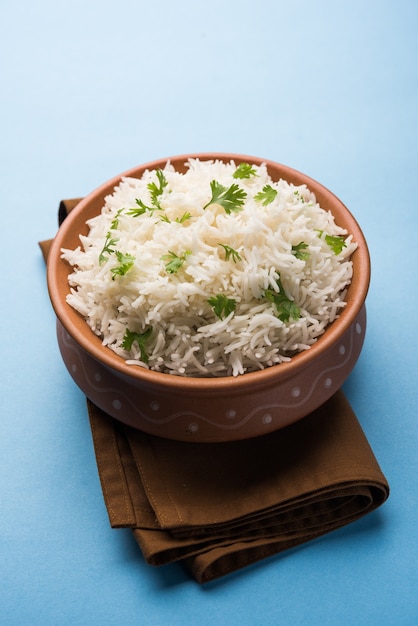 cilantro or Coriander Rice, served in a ceramic or terracotta bowl. It's a popular Indian OR Chinese recipe. Selective focus