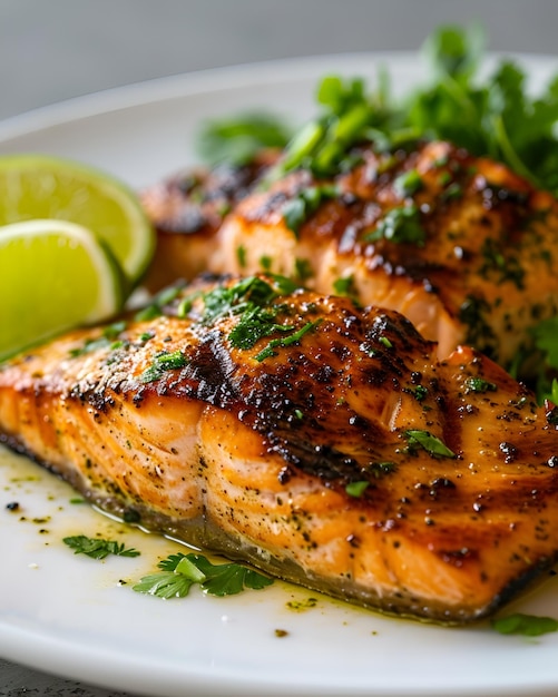 Cilantro lime grilled salmon on curved white plate