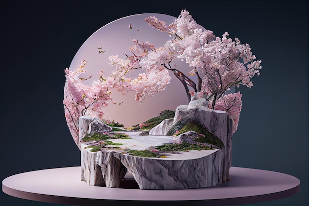 Cilinderpodia mockup met tak van zachte sakura-bloemen