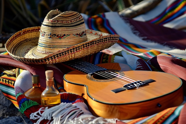 Cinco de mayo achtergrond met gitaar en tequila