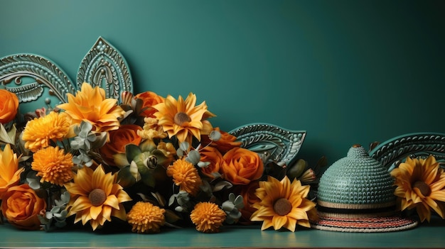 シンコ・デ・マヨの背景は帽子花典型的なメキシコの装飾で飾られています