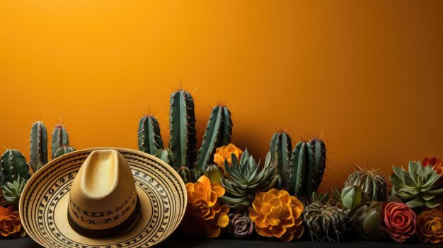 사진 cinco de mayo 배경에는 모자 장식품과 배너 또는 포스터에 대한 타스 식물이 있습니다.
