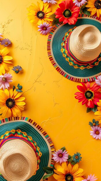 Cinco de Mayo background with sombreros and flowers on yellow flat lay top view space for text