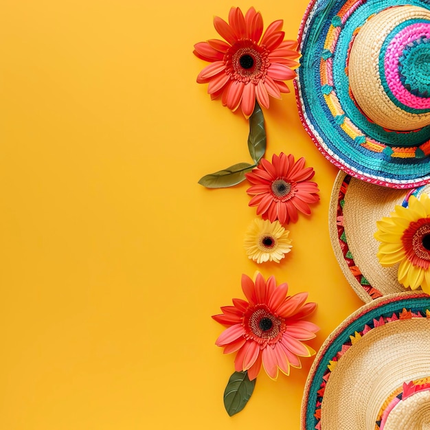 Cinco de Mayo background with sombreros and flowers on yellow flat lay top view space for text