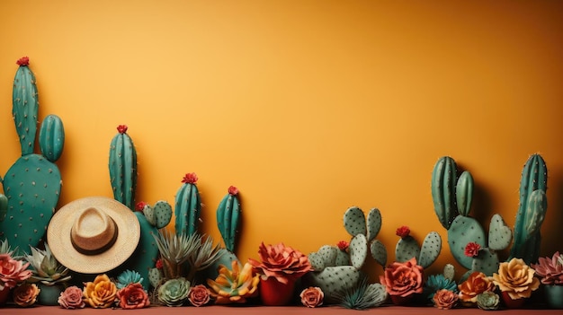 Cinco de Mayo banner achtergrond concept met sombrero hoed ornament cactus en bloemen