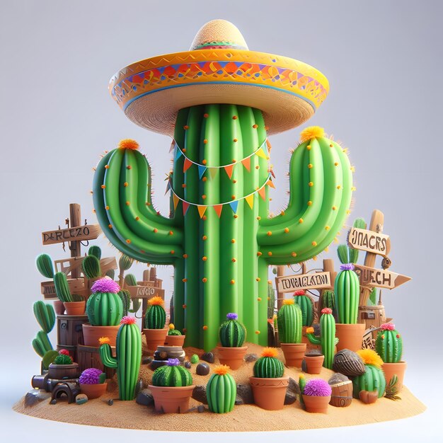 Cinco de Mayo Cactus 3D 렌더링 귀여운 만화 일러스트레이션 고립 된 색 배경