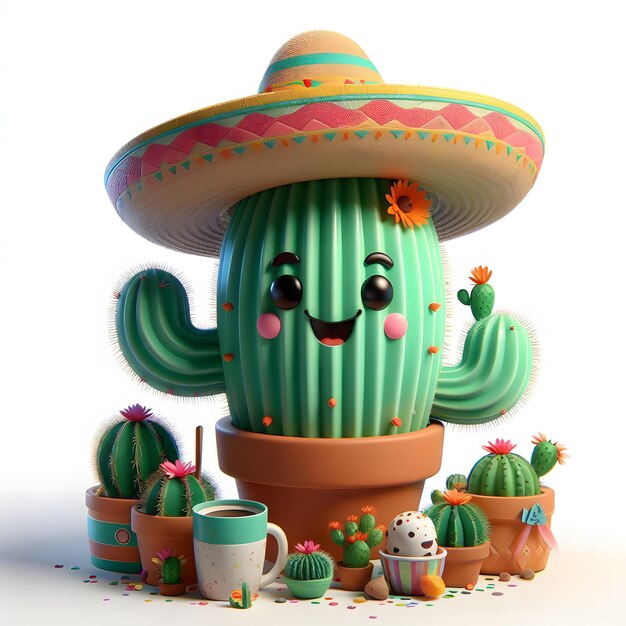 Cinco De Mayo Cactus 3D Render Schattige cartoon illustratie Geïsoleerde witte achtergrond