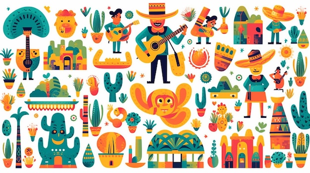 Cinco de Mayo celebration in Mexico icons set design element flat style Generative AI