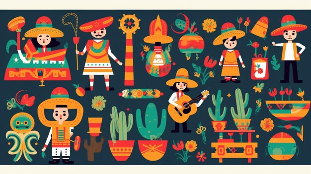 Photo cinco de mayo celebration in mexico icons set design element flat style generative ai