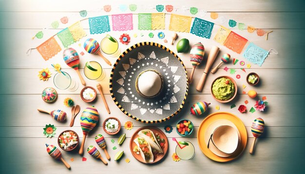 Cinco de mayo celebration spread with traditional mexican food and drinks