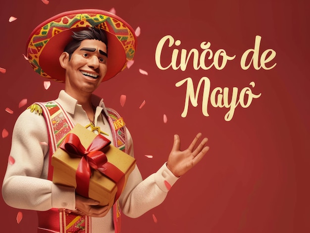 Cinco de mayo celebration with a man in mexican traditional clothes hold a gift box