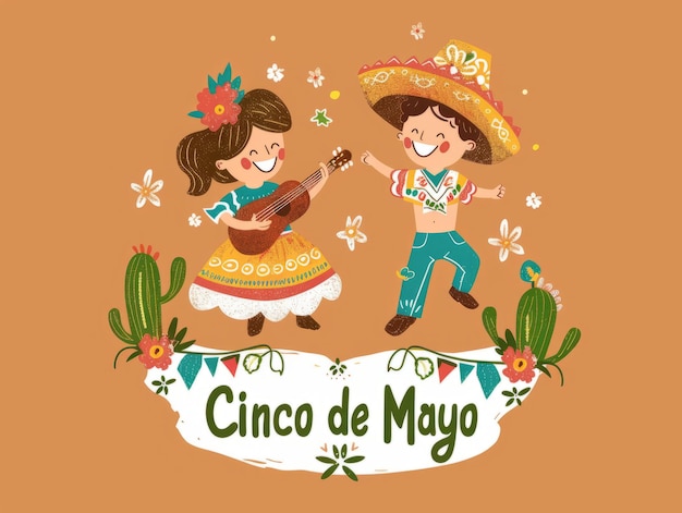 멕시코의 전통 의상을 입은 남녀와 기타를 연주하는 춤을 추는 Cinco de Mayo 축제