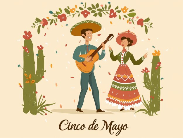 멕시코의 전통 의상을 입은 남녀와 기타를 연주하는 춤을 추는 Cinco de Mayo 축제