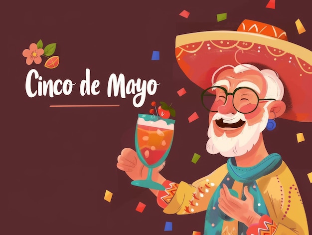 멕시코 전통 옷을 입은 남녀와 테일을 마시는 Cinco de Mayo 축제
