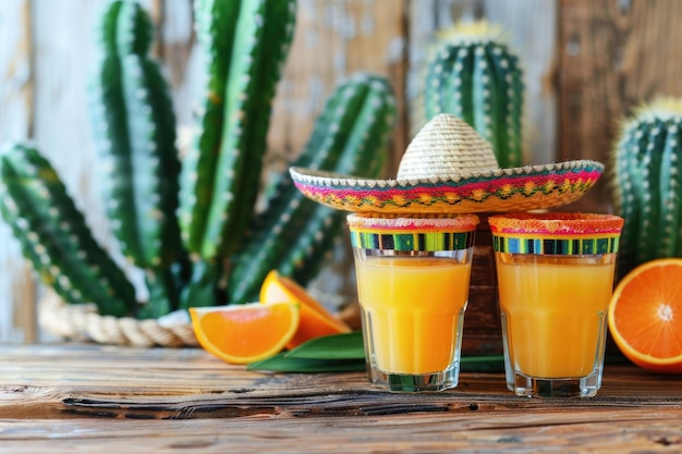 写真 cinco de mayo celebration with mexican cactus and sombrero