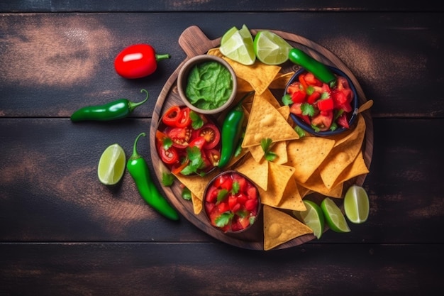 Cinco de Mayo celebration with traditional Mexican nachos chili peppers and lime on a wooden background Generative AI