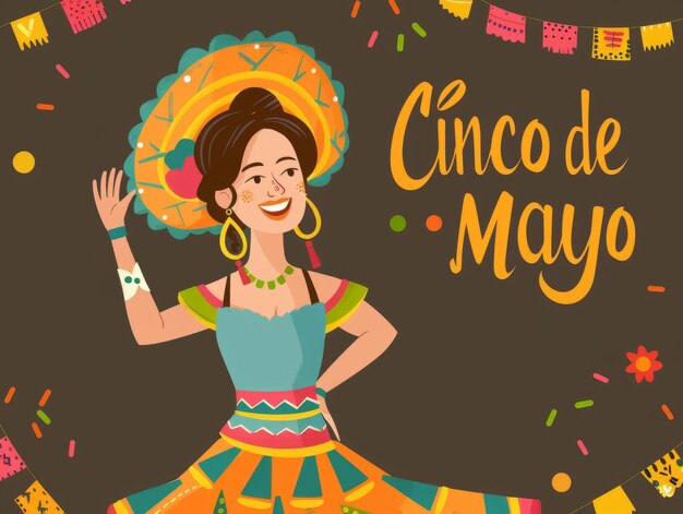 Празднование Cinco de Mayo с женщиной в мексиканской традиционной одежде, танцующей