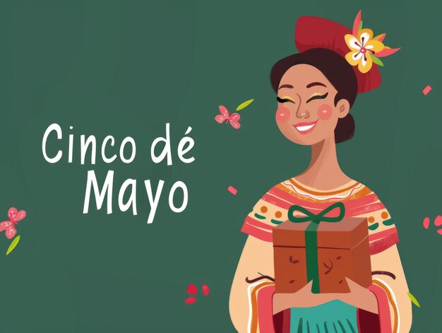 Празднование Cinco de Mayo с женщиной в мексиканской традиционной одежде держит подарочную коробку