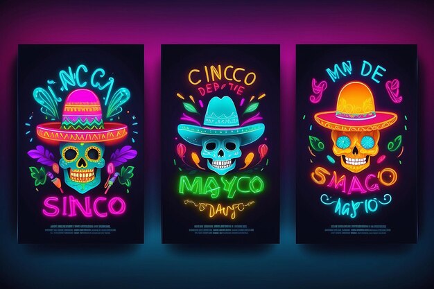 Cinco de Mayo Collection posters in neon style Set Design Templates