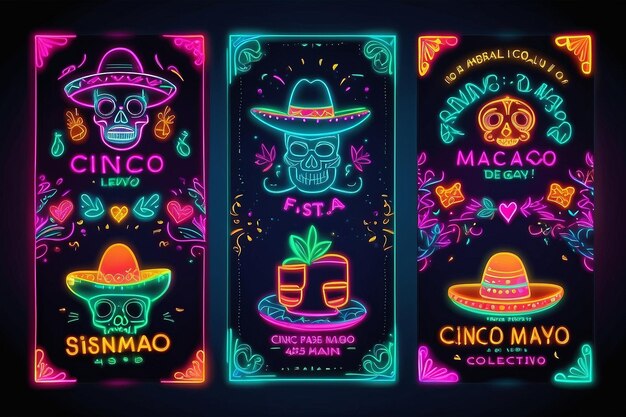 Cinco de Mayo Collection posters in neon style Set Design Templates