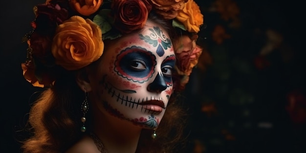 Cinco de Mayo 및 Dia de los muertos 죽은 멕시코 할로윈의 휴일 설탕 해골 메이크업 및 꽃 아름다운 여성 Generative AI