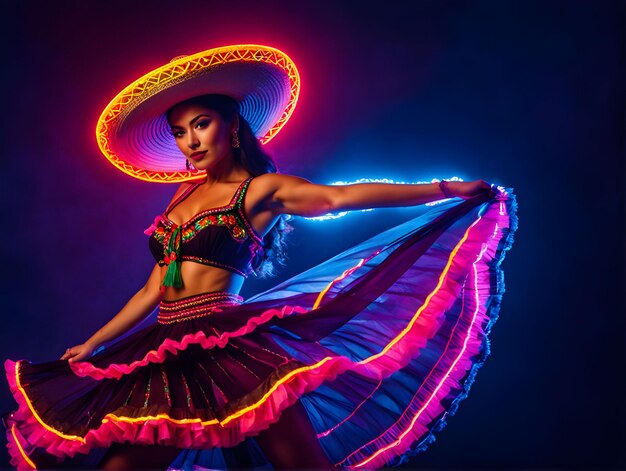 Foto cinco de mayo ballerina alla luce al neon bella modella in costume tradizionale