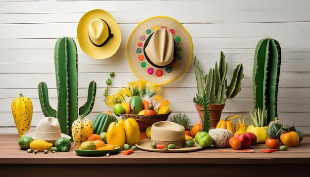 Cinco de Mayo holiday background with a Mexican cactus and party sombrero hat on a wooden table