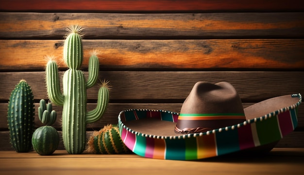 シンコ ・ デ ・ マヨの休日の背景にメキシコのサボテンとパーティー ソンブレロ帽子を木製のテーブルに