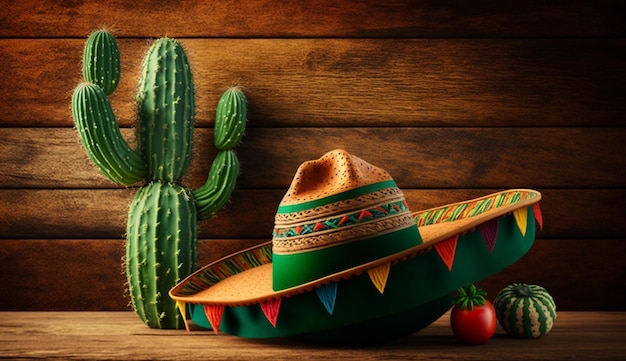 Cinco de Mayo holiday background with a Mexican cactus and party sombrero hat on a wooden table