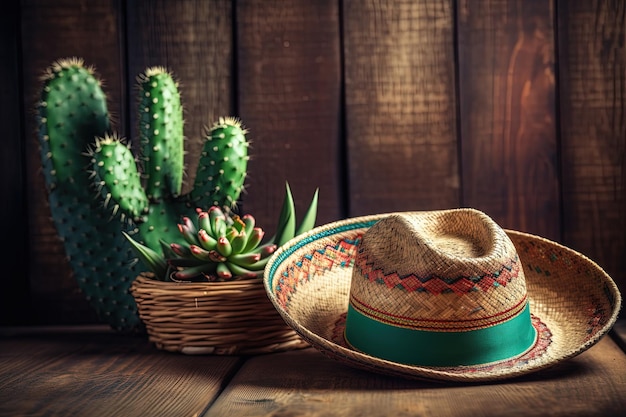 Cinco de Mayo holiday background with Mexican cactus and party sombrero hat on wooden table